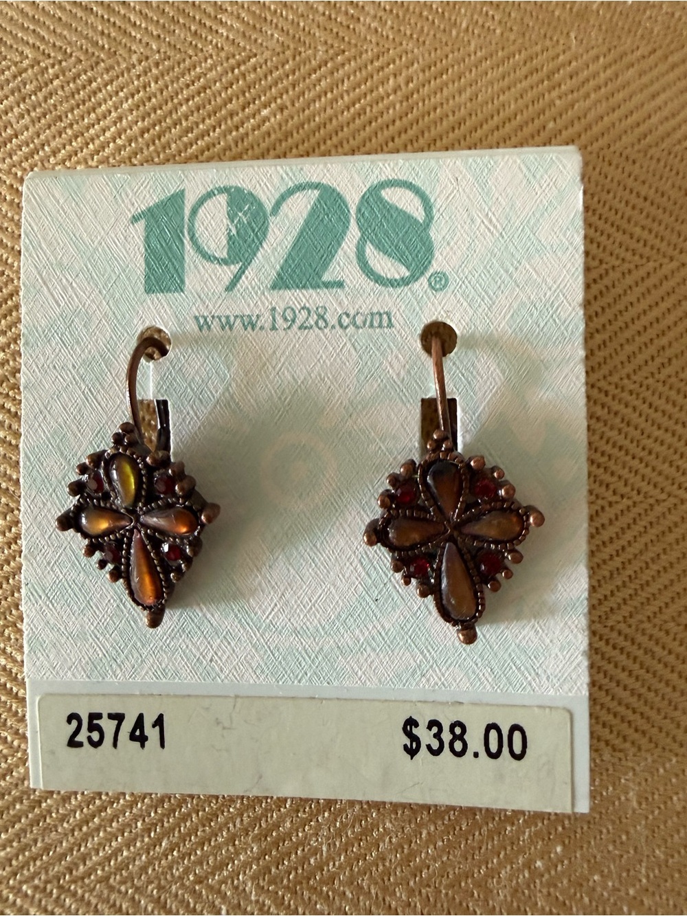 1928 Copper Tone Amber and Garnet Teardrop Cross Dangle Earrings